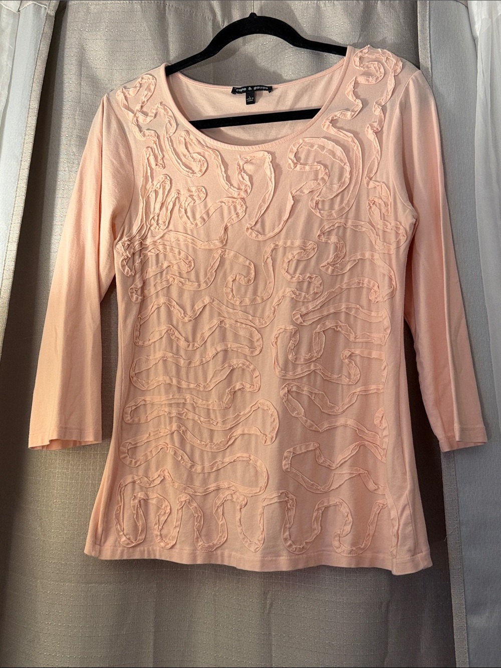 Cable & Gauge Light Pink Scoop Neck Long Sleeve Top with Ruffle Appliqué